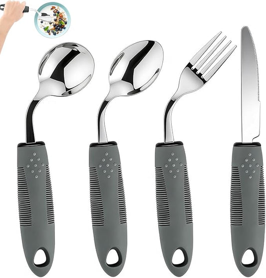 KintKita Adaptive Utensils for Elderly 4 Piece, 45°Angled Parkinsons Utensils for Elderly, Arthritis,2.9 oz Weighted Silverware for Elderly, Arthritis, Weak Hand Grip, Left-Handed Use