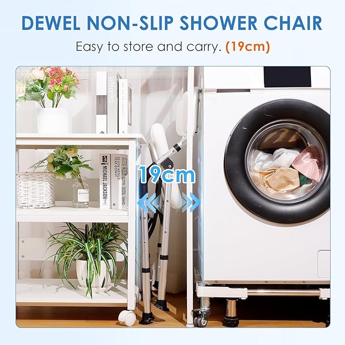 DEWEL Foldable Shower Chair for Elderly and Disabled, Folding Shower Seat with Armrests and Back Height Adjustable, Aluminum Alloy Bath Seat for Inside Shower, 330lbs Capacity(Gray)