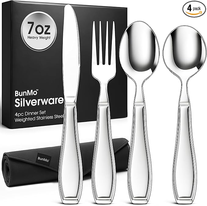 BUNMO Weighted Utensils for Hand Tremors – 4pc Adaptive Utensils for Elderly, Persons w/weak hands – Discreet Travel Wrap, Stainless Steel & Dishwasher Safe – Weighted Silverware Set