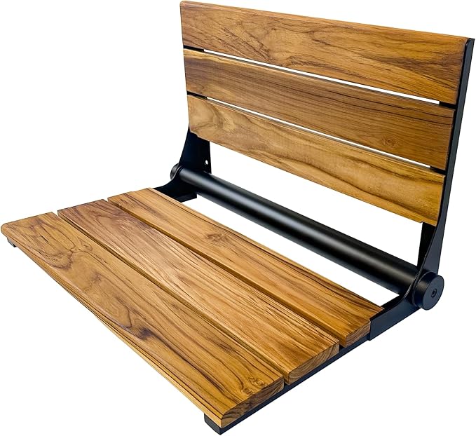 Teak Shower Seat Bench with Back - Wall Mounted Fold Up Shower Seat, Waterproof Folding Teak Bath Chair for Seniors, 304 Stainless Steel Frame, with 300 lbs Capacity - 24" Length, Matte Black