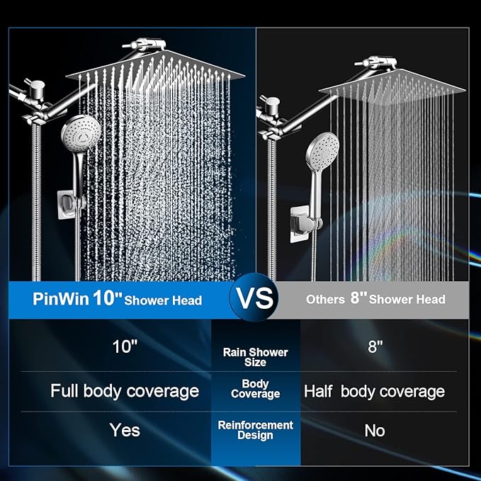 Shower Head Combo,10 Inch High Pressure Rain Shower Head with 11 in Adjustable Extension Arm and 5 Settings Handheld,Powerful Shower Spray Against Low Pressure Water with Long Hose