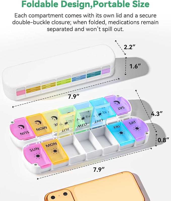 Foldable Weekly Pill Organizer 2 Times a Day - Magnetic Moisture-Proof 7 Day Pill Box AM PM, Portable Travel Medicine Organizer with Removable Lids for Vitamins, Supplements and Fish Oils