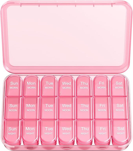 Daviky Pill Organizer 3X a Day, Weekly Pill Box 7 Day, Travel Pill Case with Large Containers, 3 Times Medcine Organizer for Vitamins, Medication, Supplements and Fish Oils (Pink)