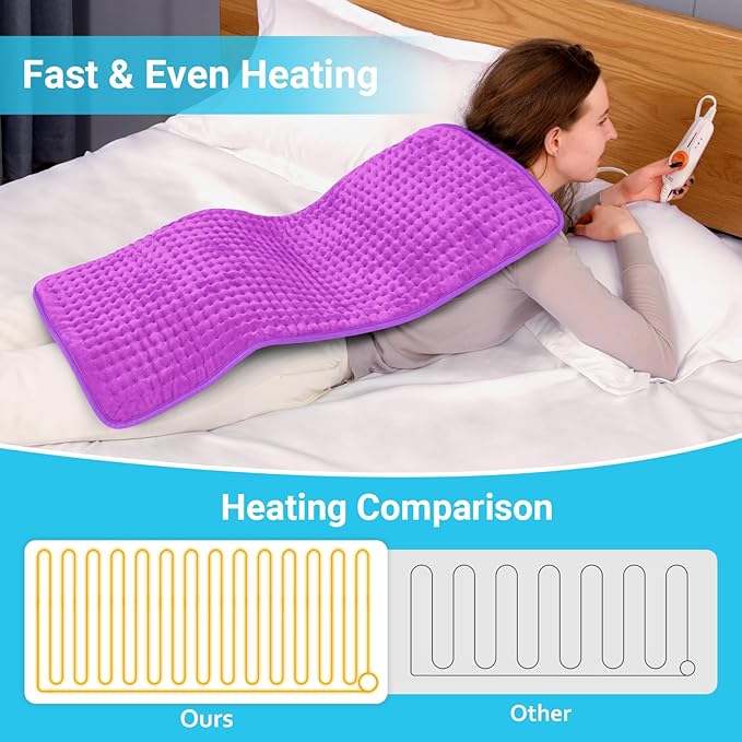 Boileau Electric Heating Pad for Back Pain and Period Cramps Relief, 17"x33" Extra Large XXXL, 3 Heating Levels Heat Pad with 2-Hour Auto Shut Off, Gifts for Women and Mom, Purple