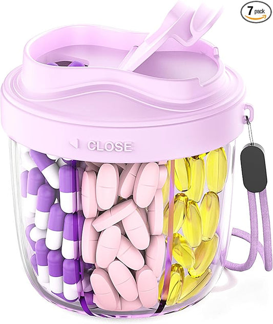 Cute Pill Organizer,Pill Dispenser with 7 Large Compartments,Portable Pill Bottle Box with Wide Opening for Easy Use, Anti-Mix Pills Organizer for Travel,Includes 20 Pcs Sticky Labels（Purple）