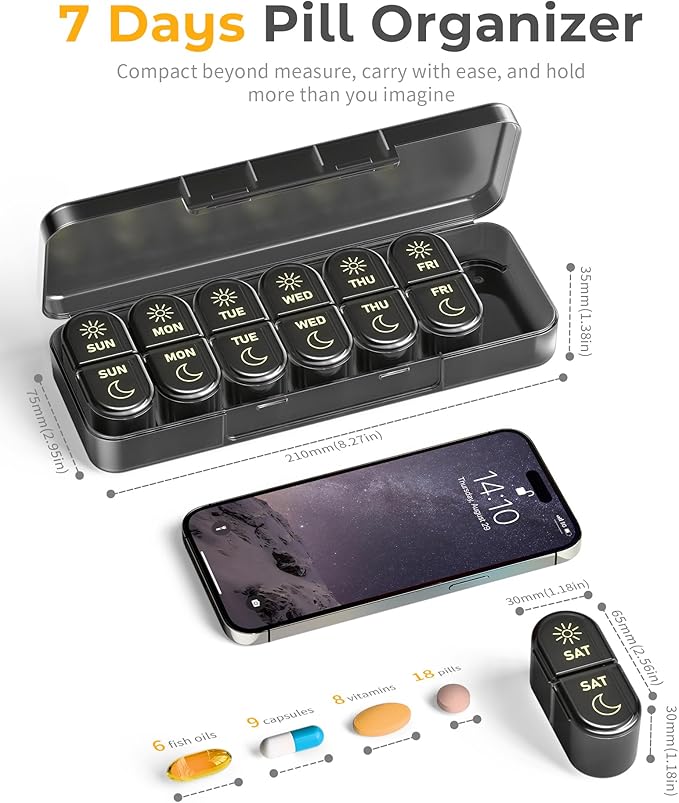 Pillex AM & PM Pill Organizer 7 Days, Weekly Pill Case 2 Times a Day, Pill Box 7 Day, Medicine Pill Organizer for Travel, Vitamins, Fish Oils, Supplements