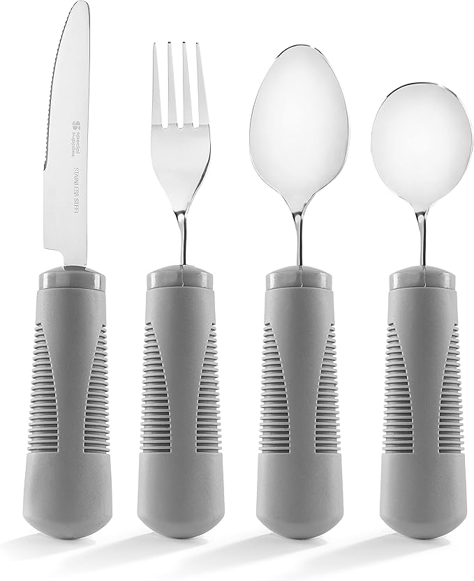 Special Supplies Adaptive Utensils (4-Piece Kitchen Set) Weighted, Non-Slip Handles for Hand Tremors, Arthritis, Parkinson’s Elderly use - Stainless Steel Knife, Fork, Spoons (Grey)
