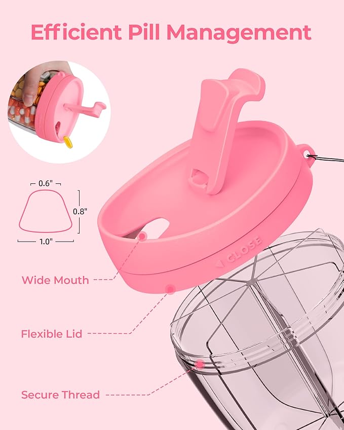 AMOOS Cute Pill Dispenser with 7 Large Compartments, Portable Pill Bottle Organizer with Wide Opening for Easy Use, Anti-Mix Pill Organizer for Travel, BPA-Free Pill Container, Hot Pink