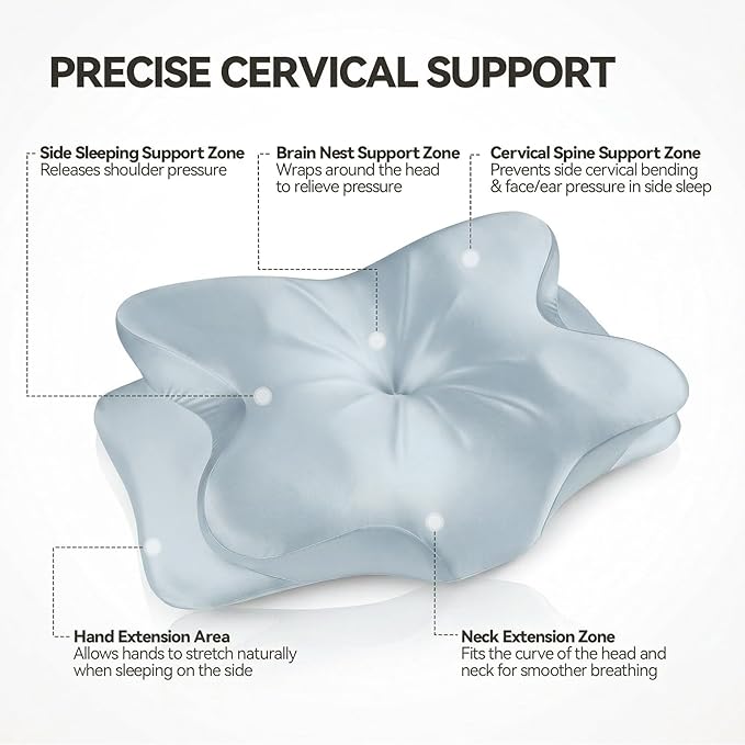 2-Pack Cervical Neck Pillow for Neck Pain Relief,Ergonomic Memory Foam Contour Pillow with Wrinkle-Resistant Silky Satin Fabric Cover,Orthopedic Bed Pillow for Side,Back,Stomach Sleepers,Blu