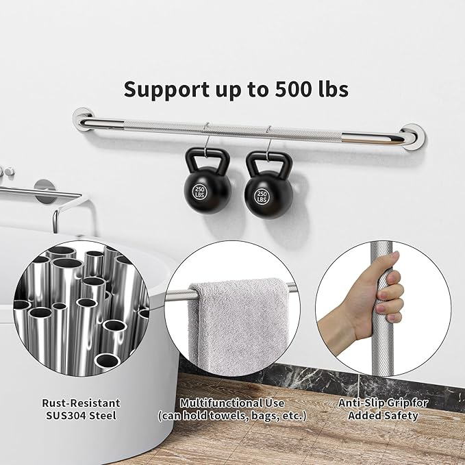 40 Inch Anti Slip Shower Grab Bar, 2 Pack Munzong Bathroom Grab Bar for Showers, Brushed Nickel Knurled Handicap Balance Bar,Safety Hand Rail Support Elderly Senior Assist Bath Handle