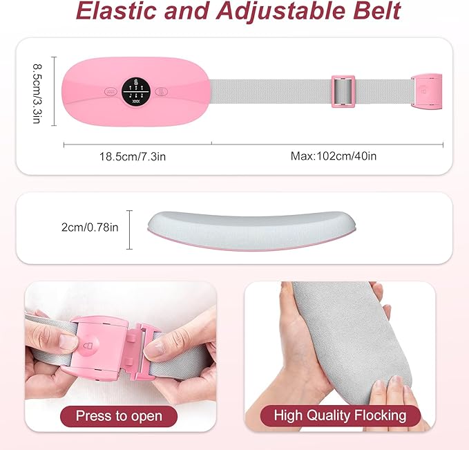 Cordless Portable Heating Pad, 3 Heat & 3 Massage Modes Wearable Warming Belt, Electric Belly and Back Heat Pad for Women Comfort, Fast Heating Waist Wrap for Home Office, Pink