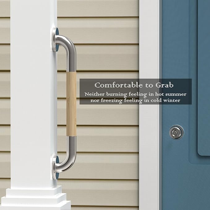 Safety Grab Bar for Bathroom & Toilet, Natural Bamboo Handle, ADA Compliant Balance Assist Handrail for Handicap and Seniors, 18in Brushed Nickel