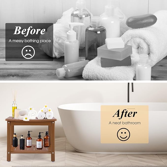 Apolimi HDPE Shower Bench, 2-Tier Spa Stool with Storage Shelf, Non-Slip & Water Resistant Shower Seat (Teak L Size)