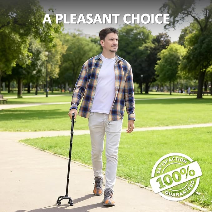 Rehand Quad Cane, Walking Cane with Ergonomic Handle Ever and Graceful 4-Pronged Base for Extra Stability, Adjustable Walking Sticks for Right or Left Handed Men & Women and Seniors