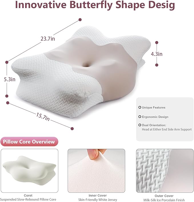 Cervical Neck Pillow for Sleeping, Adjustable Ergonomic Pillow, Contour Neck Support Side Sleeper Pillows for Adults, Memory Foam Pillow for Neck and Shoulder Pain Relief, Back,Stomach Sleeper