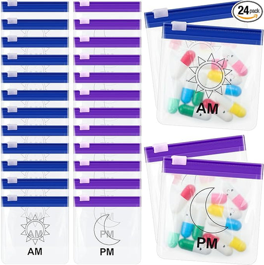 24 Pieces Pill Pouch Bags Zippered Set Reusable Translucent Medicine Organizer Sealing Travel Plastic Bags with Slide Lock for Storage(Purple, Blue)