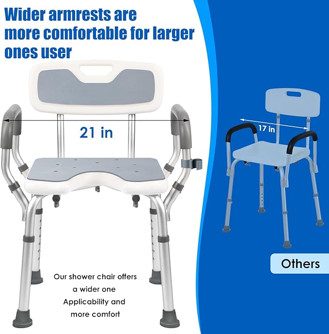 Shower Chair with Arms and Back, 330lbs Heavy Duty Bath Seat with U-Shaped Cutout, 21" Extra Wide Adjustable Shower Stool with 2 EVA Pads and Shower Head Holder, Tool-Free Assembly