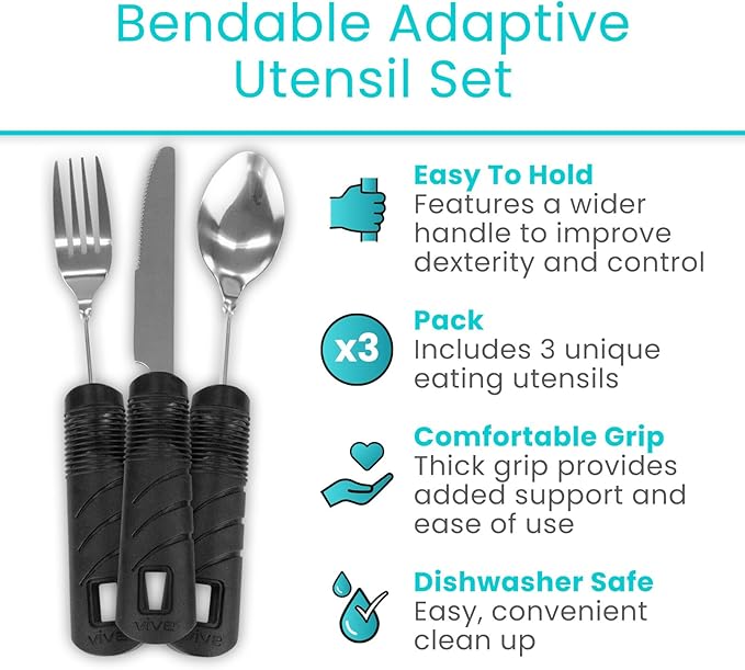 Vive Adaptive Utensil Set - Arthritis Aid Silverware for Parkinsons, Hand Tremors - Easy Grip for Shaking and Trembling Hands - Heavy Stainless Steel Spoon (Bendable)