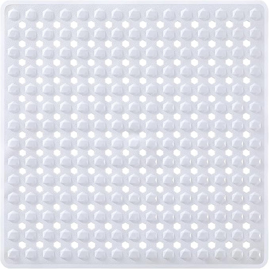 Yimobra Square Shower Floor Mat Non Slip, 21"x21" Machine Washable Bath Tub Mat, Soft on Feet, Bathmat with Drain Holes and Suction Cups, Fast Draining, White