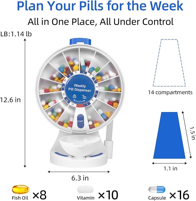 14-Day Push Button Pill Dispenser for Seniors & Caregivers | Standing or Wall-Mount Medication Organizer with Child Lock, 14 Large Compartments for Fish Oil, Vitamins, Medicine, or Supplements, Blue
