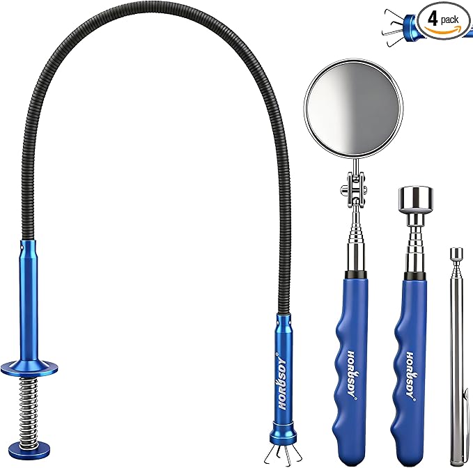 HORUSDY 4PCS Telescoping Magnetic Pick Up Tool Kit, Magnetic Sweepers Set with 360° Inspection Mirror, 2 Telescoping Magnetic Pickup Tools (5–25.6/6.9–29.5 in) & 24 in Flexible Claw Grabber