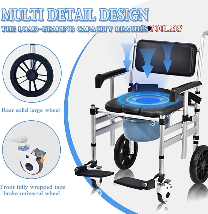 Shower Chair with Wheels Aluminum Alloy 4 in 1 Foldable Height Adjustable Shower Wheelchair, Sturdy Rolling Shower Chair with Large Commode for Seniors (Black)