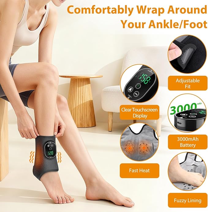 Cordless Ankle Massager with Heat, Neuropathy Foot Massager Ankle Heating Pad Wrap for Pain Relief 6 Heats 3 Vibrations, Timer & Auto Shut Off