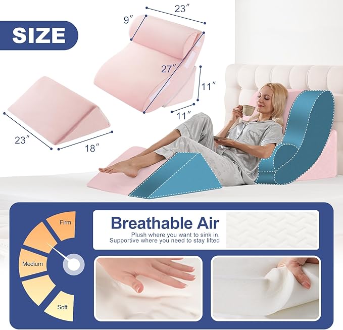 WSOFRLAC 4PCS Orthopedic Bed Wedge Pillow Set for Post Surgery Recovery - Adjustable Memory Foam Support Pillows for Back/Leg/Shoulder Pain Relief, Acid Reflux & Anti Snoring Sleeping System, Pink
