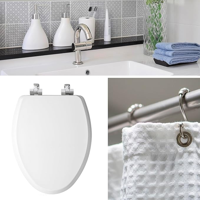 Mayfair Bennett Toilet Seat with Brushed Nickel Hinges, Slow Close Wood Seat, Secure Metal Hinges, Easy Install, Made in USA, Round, White