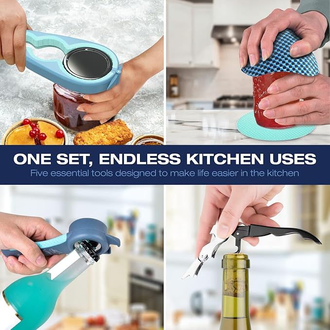 Jar Opener for Weak Hands with 5-in-1 Bottle Opener, Corkscrew Wine Opener, Firm Jar Gripper Pad and 2 Non Slip Rubber Grip Mats, Multifunction Kitchen Tool Set for Seniors, Easy Lid Removal -Blue