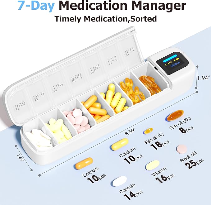 Daviky Smart Pill Organizer with Alarm, Bluetooth Daily Once a Day Pill Dispenser 7 Day with APP, Weekly Travel Pill Case, Portable Pill Reminder for Medicines, Supplements and Vitamins (White)