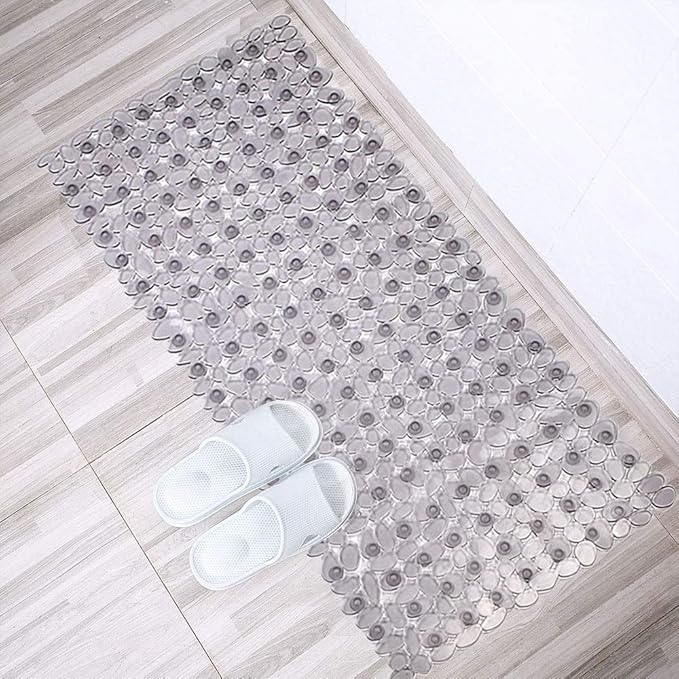 SONGZIMING Bathtub Mat Non Slip Pebble Bath Shower Mat with Drain Holes, Suction Cups Mat for Tub 16" W x 35" L, Clear Grey