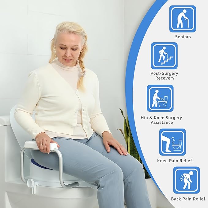 Travel Toilet Seat Risers for Seniors, Padded Elevated Toilet Seat with Handles for Round Toilets Only, Travel-Friendly, 5 Inch Height, Support to 300 LBS