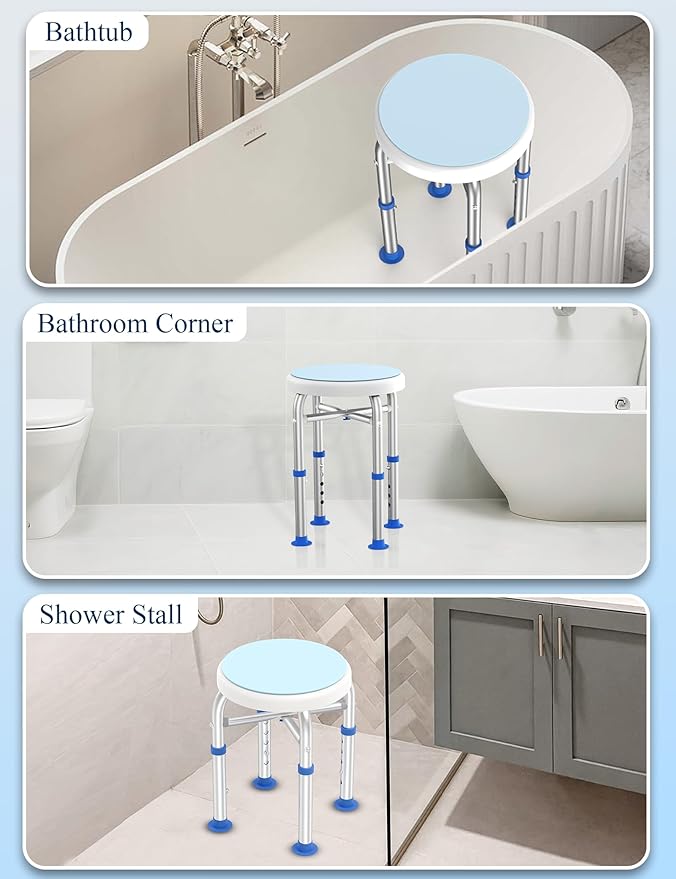 Swivel Shower Stool for Inside Shower, 360° Rotating Shower Seat with Heavy-Duty Support Up to 300lb, Adjustable & Non-Slip Chair for Senior Elderly Disabled Pregnant