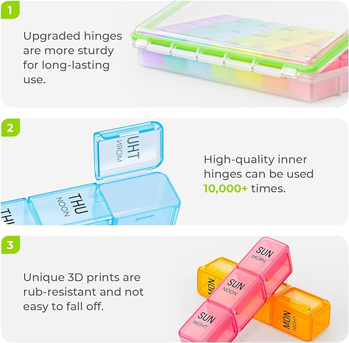 AUVON Weekly Pill Organizer 3 Times a Day with Moisture-Proof Design, Large Pill Box 7 Day Easy to Use, Portable Pill Case for Travel with Double Protection, Pill Containers for Vitamins, Medications