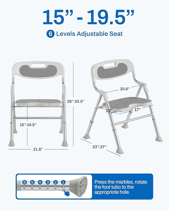 Folding Shower Chair for Inside Shower with Arms and Back, 400 LBS Foldable Bath Seat for Elderly Seniors & Disabled, Heavy Duty Portable Shower Stool with U-Shape Cutout & 6-Level Height (Gray)