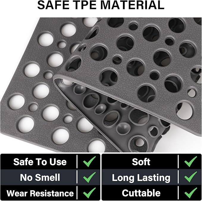 Square Shower Mat Non Slip, 27" x 27" Large Shower Mats for Inside Shower, Soft TPE Shower Floor Mat with Suction Cups and Big Drain Holes, Anti Slip Shower Stall Matt, Grey