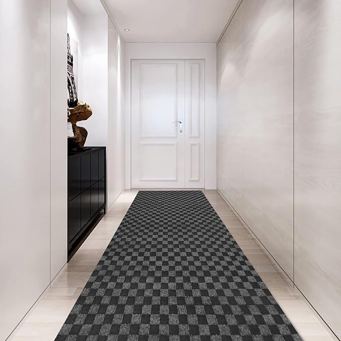 Custom Size Backed Non-Slip Area Rugs Runner, Easy Clean, Waterproof Runner Rugs for Hallway Entryway, Kitchen, Laundry, 2FT x 26FT, Gray Checkered