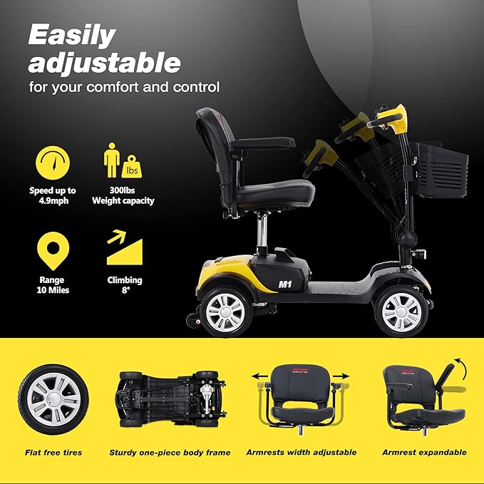 Metro Mobility 4 Wheel Electric Folding Mobility Scooters for Seniors - 300 lbs Capacity Motorized Scooter for Adults, Travel - 300W Powerful Motor - Yellow