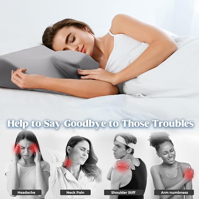 Cervical Pillow for Neck Pain Relief, Cooling Contour Memory Foam Pillows Support Odorless Ergonomic Neck Pillow Adjustable Orthopedic Bed Pillow for Side Back Stomach Sleeper with Pillowcase,Grey