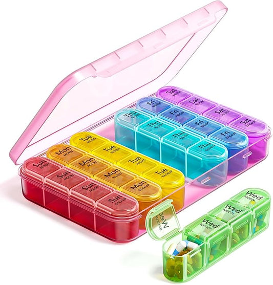 Odaro Weekly Pill Organizer 4 Times a Day, Daily Pill Box 7 Day, Large Travel Pill Case with 28 Compartment to Hold Medicine, Vitamin and Supplement - Pink Case