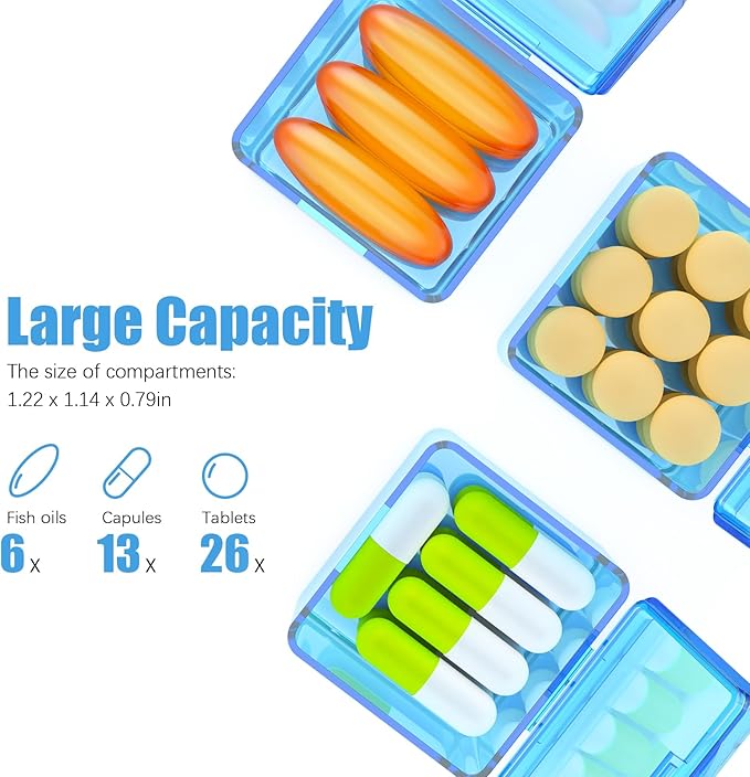 Monthly Pill Organizer Once a Day - 30 Day Pill Organizer Box - Squeeze to Open - Large Compartments Portable Case for Travel, Month Pill Cases Medicine Organizer for Vitamin (Blue)