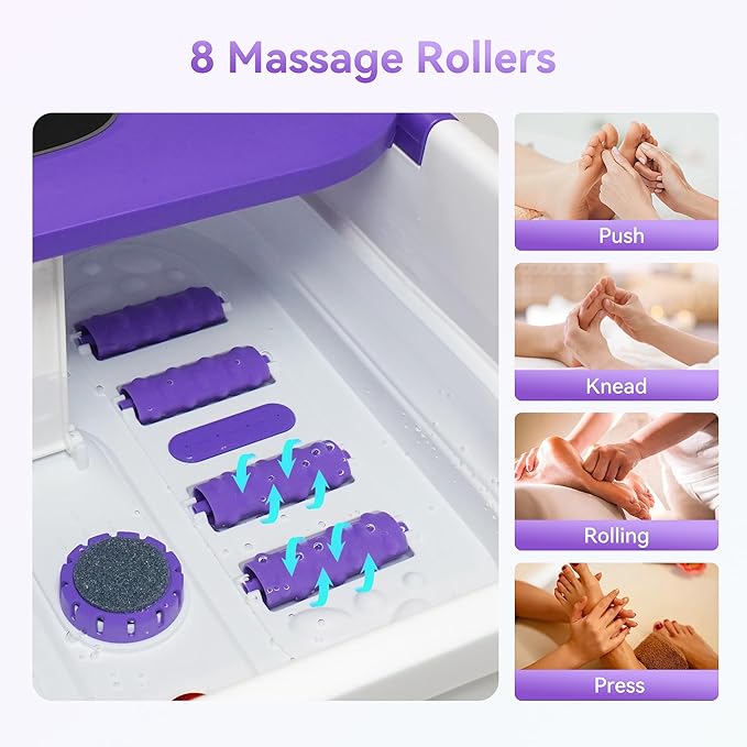 CuPiLo Foot Spa Bath Massager with Heat, Collapsible Foot Massager Spa Soaking Tub with Bubbles, Red Light, Pumice Stone, Shiatsu Massage Rollers, Pedicure Foot Spa for Relaxation, Gifts(Purple)