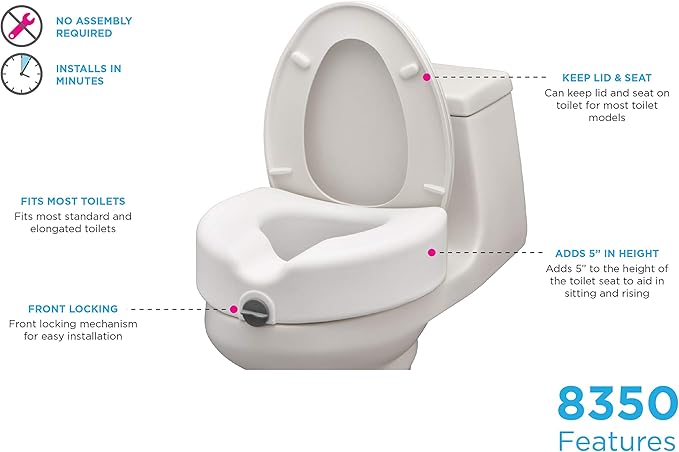 NOVA Toilet Seat Riser – Adds 5” Height, Raised Toilet Seat with ON/Off Front Lock, 300 lb Capacity, Fits Standard & Elongated Toilets, Slip-Resistant Bathroom Safety Aid for Seniors