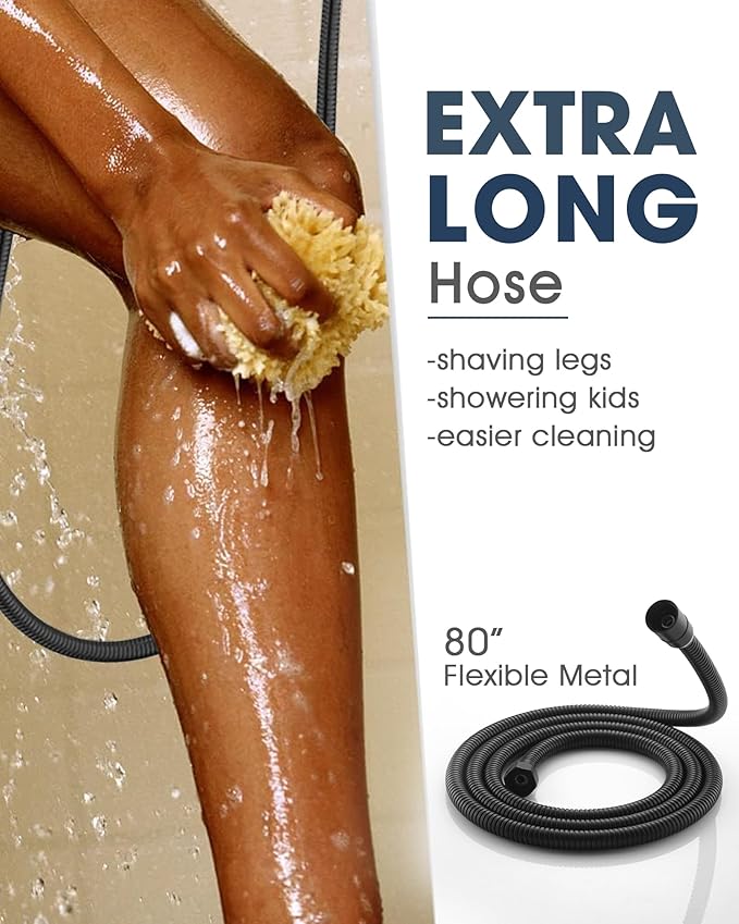 Handheld Shower Head with 6.56ft Extra Long Hose, On Off Switch 8-Seting High Preesure Hand Held Showerhead, Low-Reach Adhesive Holder for Kid, Disable& Elder (Matte Black)