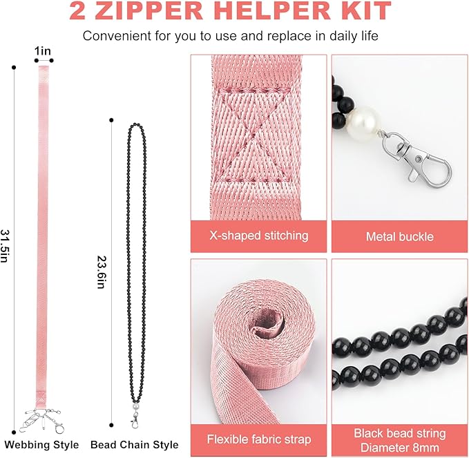 Zipper Helper Pull for Dresses 2 Pack Zipper Puller Helper with 5 Different Types Hooks Dress Zipper Pull Helper Assistant for Elderly and Pregnant Women(Pink)