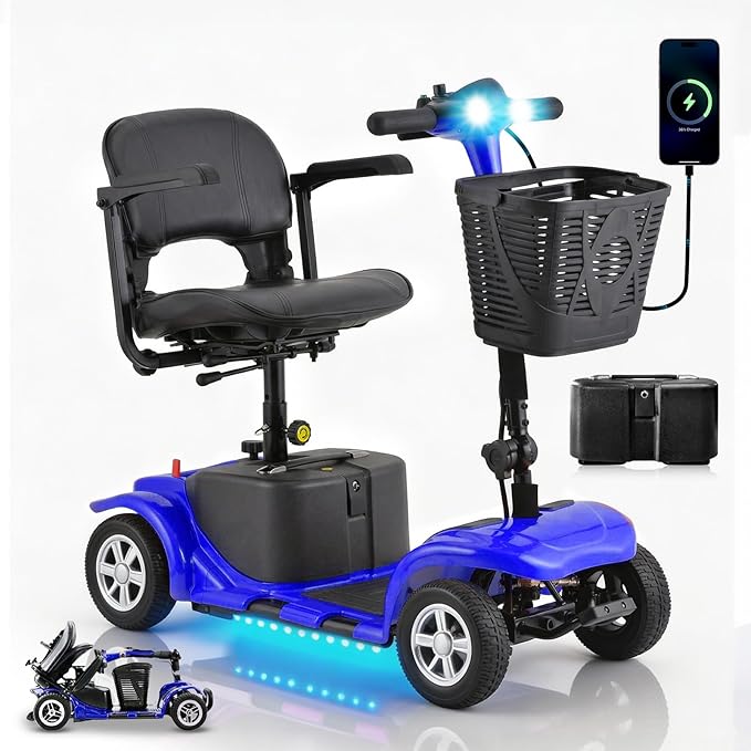 Arshin Mobility Scooter, Electric Foldable Mobility Scooter 300lbs Capacity with Detachable Battery, 15-Miles Powered Mobility Scooters for Seniors & Adults with USB Port, Charger Included (Blue)