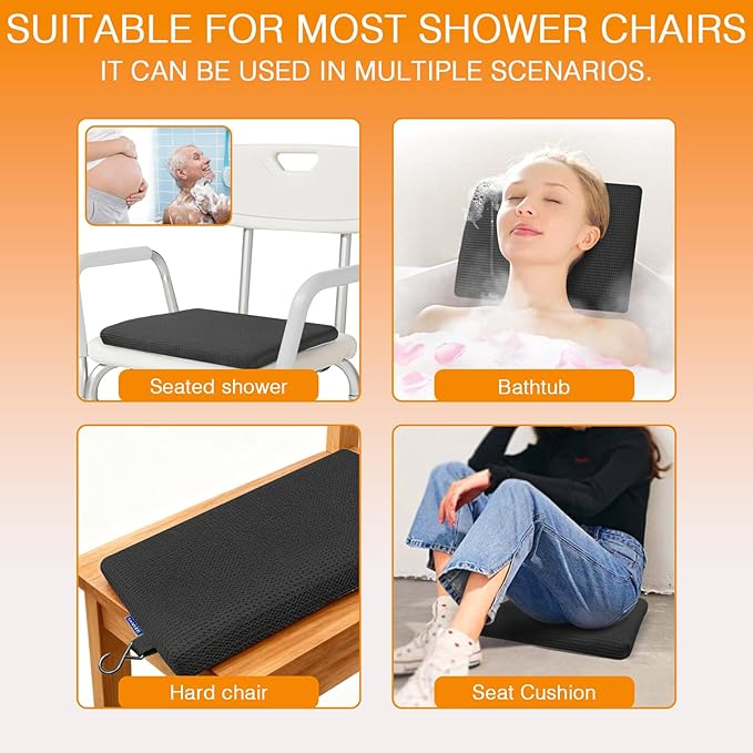 Gooo&Ma Non-Slip Waterproof Shower Seat Cushion Bathtub Pillow Shower Chair Bench Bathtub Cushion - with 3D Mesh & Hook - Bath Pillow，for Elderly，Pregnancy - Washable and Quick Drying(Black)