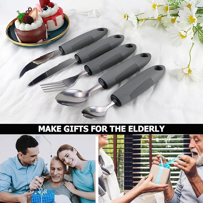 Adaptive Utensil Set - 5Pcs Arthritis Aid Silverware for Parkinson’s and Hand Tremors - Heavy Stainless Steel Spoon with Easy Grip Handle for Shaking Hands