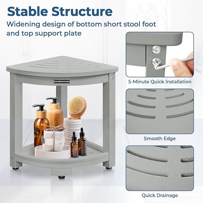 KingPavonini Corner Shower Stool for Inside Shower, Anti-Fading Shower Bench for Shaving Legs, HDPS Waterproof Shower Seat with Storage Shelf, Load 400 Pounds